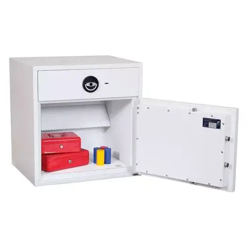 Phoenix HS1090 Series Deposit Safes HS1091KD- DF open safe displaying red storage boxes inside.