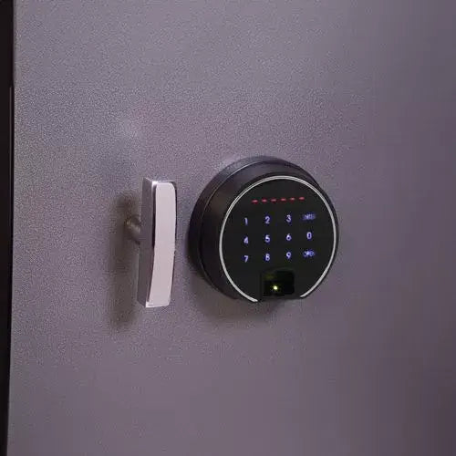 Phoenix SS0990 Series Deposit Safes SS0996FD- DF fingerprint lock and touchscreen keypad on the safe door.